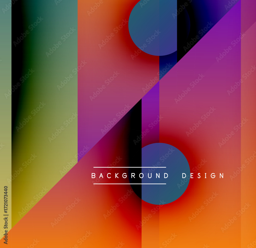 Poster abstract geometric composition. vibrant gradients blend, forming triangles, rectangles, circles. mod