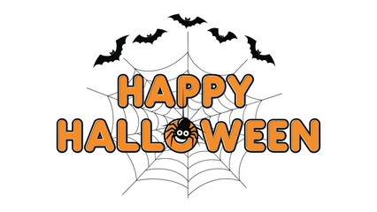 Happy Halloween Typography: A festive Halloween typography with orange text, spider web, spider, and bats. A fun holiday message perfect for cards, flyers, and seasonal promotions.