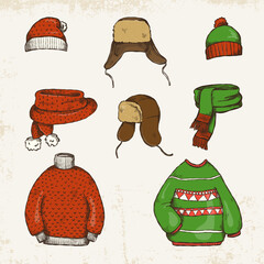 Hand-drawn set with various hats, scarves and sweaters on a light textured background in vintage style.