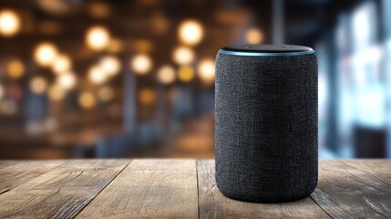 Smart speaker on wooden table in cozy cafe with blurred warm lights in background creating inviting atmosphere for gatherings