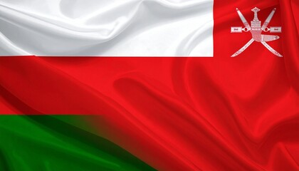 Oman flag with white, red, green stripes and emblem of crossed swords and khanjar