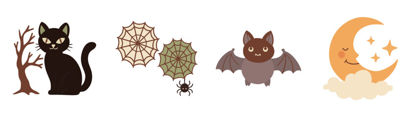 A Set of Playful Halloween Icons and Symbols with a Cat, Collection of Hand Drawn Spooky Animal and Moon Illustrations.
