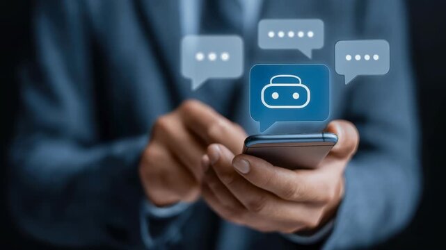 Businessman Using Smartphone with Chatbot Icon, Digital Communication, Artificial Intelligence, and Technology Concept for Modern Business