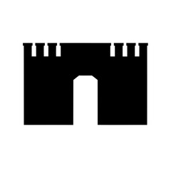 Black silhouette illustration of a castle entrance with towers and archway