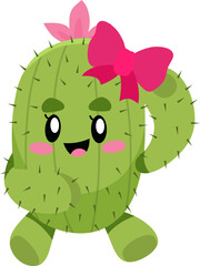 Cute kawaii cactus character with a pink bow and flower smiling happily.