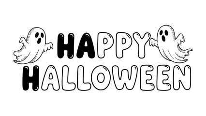 Happy Halloween: Festive monochrome design features friendly ghost characters and the text Happy Halloween, perfect for conveying the spirit of the holiday