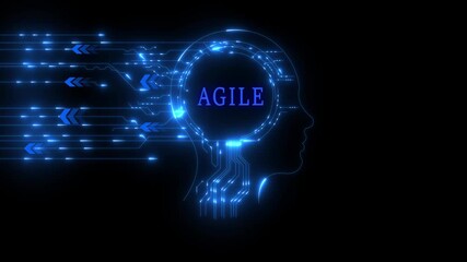 Futuristic neon glowing human head with agile text, digital circuits and data flow, artificial intelligence concept for HR technology, network technology concept.4k animation.