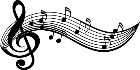 A collection of musical symbols and notation elements, including treble clef, bass clef, sharp, flat, rests, and various note values (whole, half, quarter, eighth, and sixteenth notes). The symbols ar