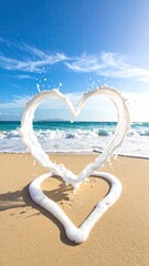 Heart-shaped foam art on a sandy beach