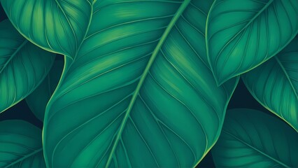 Close-up view of vibrant green tropical leaves