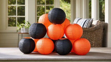 Colorful Paper Lanterns in Black and Orange Arranged on a Table with a Cozy Background for Festive Decor