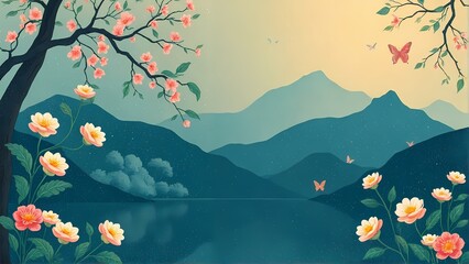 Serene Mountain Vista with Cherry Blossoms