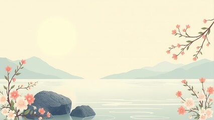 Serene Lakeside Landscape with Blooming Cherry Blossoms