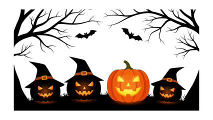 Enchanting Halloween: Spooky illuminated pumpkin characters with black witch hat, glowing from within, gather under bare tree branches and fluttering bat silhouettes, exuding a chilling festive charm.