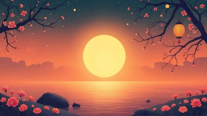 Sunset over serene water with blooming cherry blossoms and a lantern