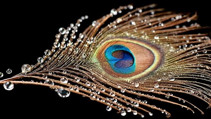 Close-up of a peacock feather with water droplets - Powered by Adobe