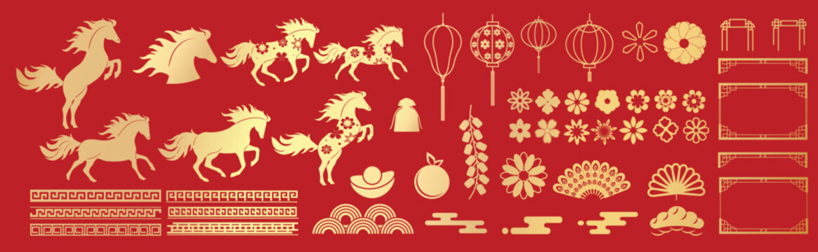 Chinese New Year 2026 element vector set. Year of the horse design. Lanterns, horse, firework, frame, pattern, cloud, coin, flower, pattern. Icons of Asian Lunar New Year holiday decoration. 