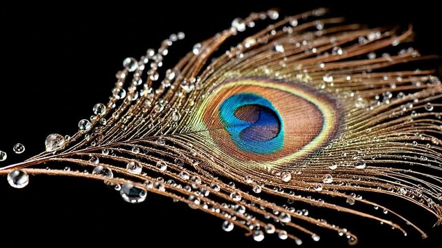 Close-up of a peacock feather with water droplets