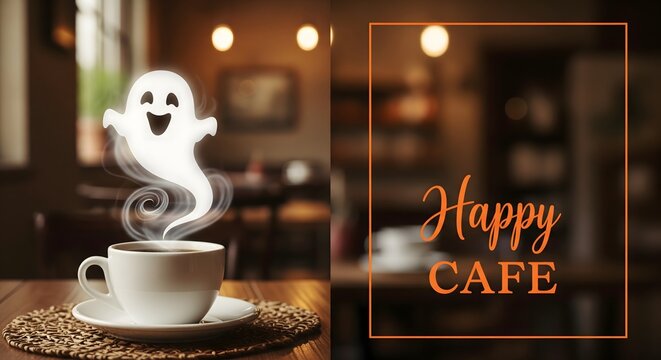 Cute Smiling Coffee Steam Ghost Floating Over Coffee Cup in Cozy Cafe, Happy Halloween Morning Concept, Whimsical Cafe Art, Autumn Warmth, Festive Beverage Magic, Playful Cartoon Spirit Illustration