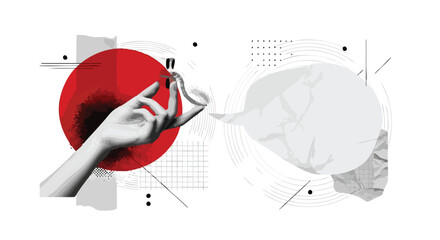 Abstract graphic design featuring a hand holding a small perfume bottle against a bold red circle and geometric shapes.