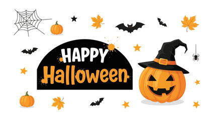 Halloween Celebration : Spooky Halloween graphics, featuring a Jack-o'-lantern wearing a witch hat with other spooky elements. Celebrating the spirit of All Hallows' Eve.