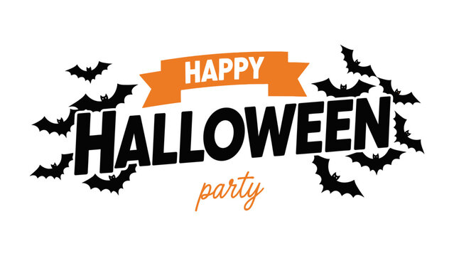 Spooky Celebration: A festive Halloween party banner, with cheerful orange ribbon, dynamic bat, and bold typography invites you into the enchantment and eerie ambiance of this special day.