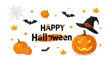 Spooky Halloween elements: A vibrant collection of Halloween elements, including Jack o'lanterns, bats, spiders web, autumn leaves, and witch hats.
