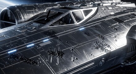 Futuristic metallic spaceship cockpit with glowing blue lights and damaged hull in deep space