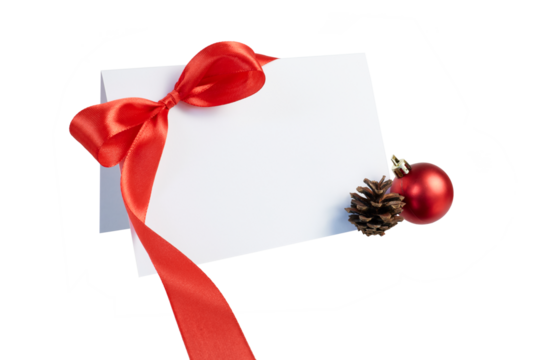 christmas card with red ribbon isolated on white or transparent png