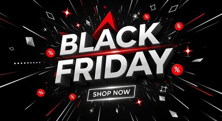 Black Friday Sale: 3D Text Effect, Red and Black Theme, Dynamic Design, Shop Now Button.