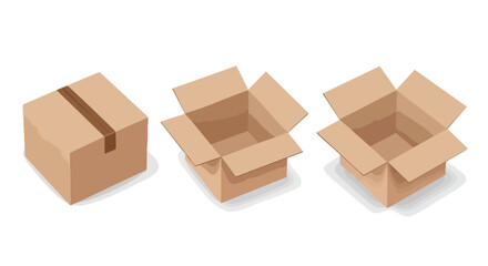 Illustration of three brown cardboard boxes in sequence: one sealed with tape, and two open and empty.