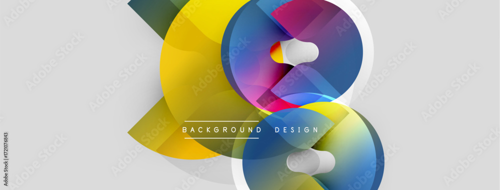 Poster abstract colorful shapes overlap, creating dynamic visual effect. bright yellow, blue, red hues domi