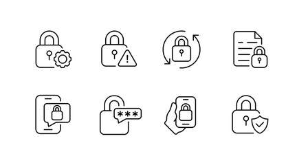 Cybersecurity and privacy icons set – outline, linear, data protection symbols