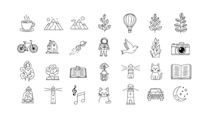 Fototapeta premium A collection of various line art icons including nature scenes, objects, animals, and symbols arranged in a grid pattern on a white background.