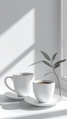 Two white coffee cups on a windowsill, bathed in sunlight