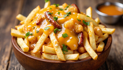 Poutine with fries, cheese curds, and gravy in wooden bowl  