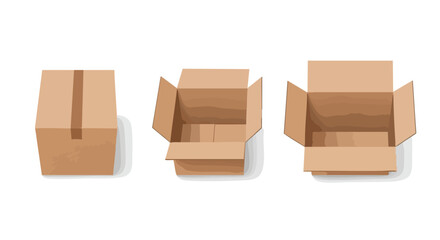 Three cardboard boxes, one closed and two open, on a white background.