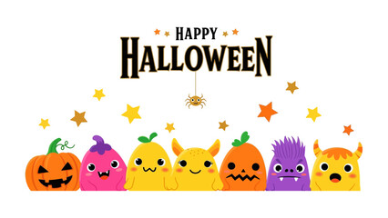 Happy Halloween: A festive collection of cute cartoon monsters and a jack-o'-lantern gleam with holiday cheer beneath a banner. This vibrant image captures the spooky, yet joyful essence of Halloween.