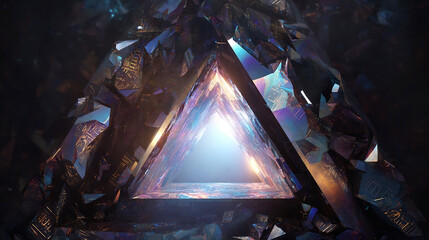 Abstract Futuristic Pyramid Gate Made of Fragmented Crystals With Neon Light Illumination
