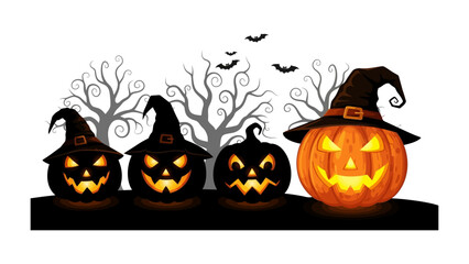 Halloween's Spooky Ensemble: A captivating Halloween scene featuring four carved pumpkins, each adorned with sinister expressions and witches' hats, set against a backdrop of barren trees and bats.