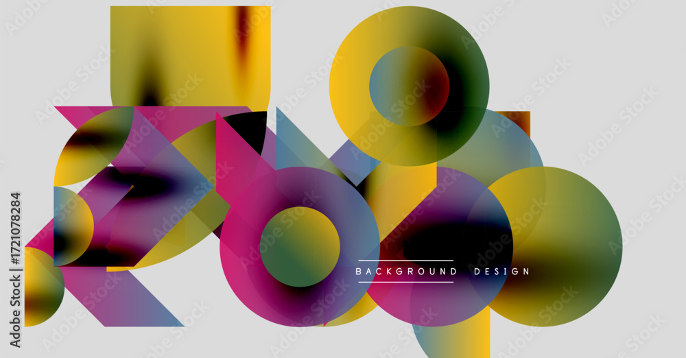 Poster abstract geometric shapes overlap, creating vibrant color blends. design features circles, triangles