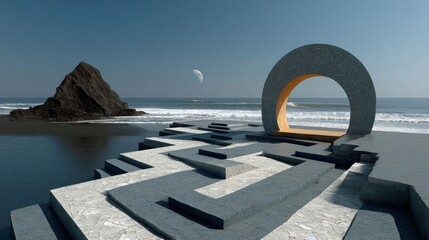 Concentric chevron steps leading to ocean horizon
