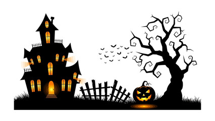 Haunted Halloween: A chilling silhouette of a haunted house and gnarled tree dominate the eerie scene, complemented by a carved pumpkin and hovering bats, evoking the essence of All Hallows' Eve.