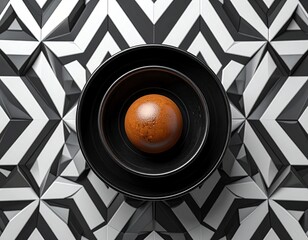 Geometric design, orange sphere in black bowls