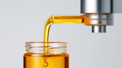 A single glass jar is being filled with golden liquid honey from an automated dispenser. White background, clean and simple composition. 
