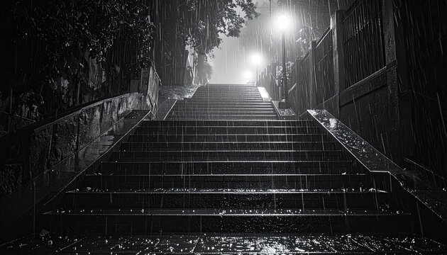 Wet stairs ascend into night - Powered by Adobe