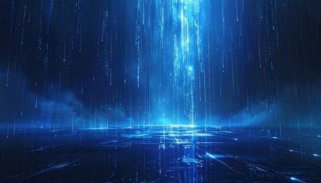 Digital rain falls on a futuristic floor