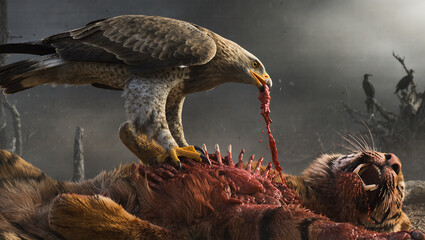 AI Generated: Eagle Feeding on Tiger Carcass
A hyper-realistic cinematic shot of a powerful eagle perched on the body of a dead tiger in a misty tropical forest. The eagle grips the tiger’s striped fu