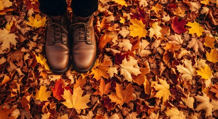 Top View Feet in Brown Shoes Standing on Colorful Autumn Fallen Maple Leaves, Seasonal Fall Background, Outdoor Nature Concept, Cozy Walk in Park, Warm Tones Ground Texture, October Footwear Lifestyle