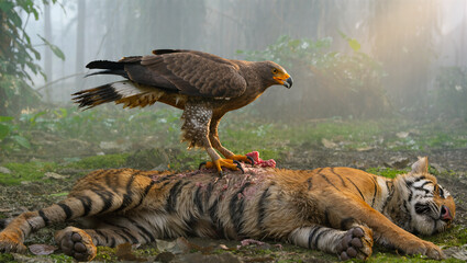 AI Generated: Eagle Feeding on Tiger Carcass
A hyper-realistic cinematic shot of a powerful eagle perched on the body of a dead tiger in a misty tropical forest. The eagle grips the tiger’s striped fu